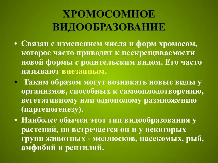 ХРОМОСОМНОЕ ВИДООБРАЗОВАНИЕ Связан с изменением числа и форм хромосом, которое