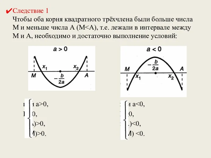 Следствие 1 Чтобы оба корня квадратного трёхчлена были больше числа