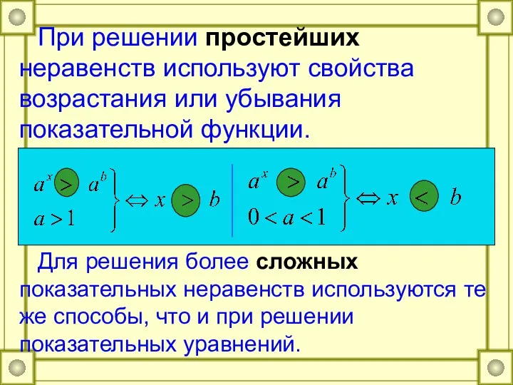 При решении простейших неравенств используют свойства возрастания или убывания показательной функции. Для решения