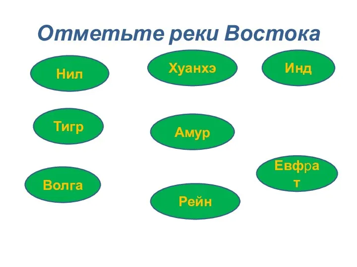 Отметьте реки Востока Амур Инд Нил Тигр Волга Евфрат Рейн Хуанхэ