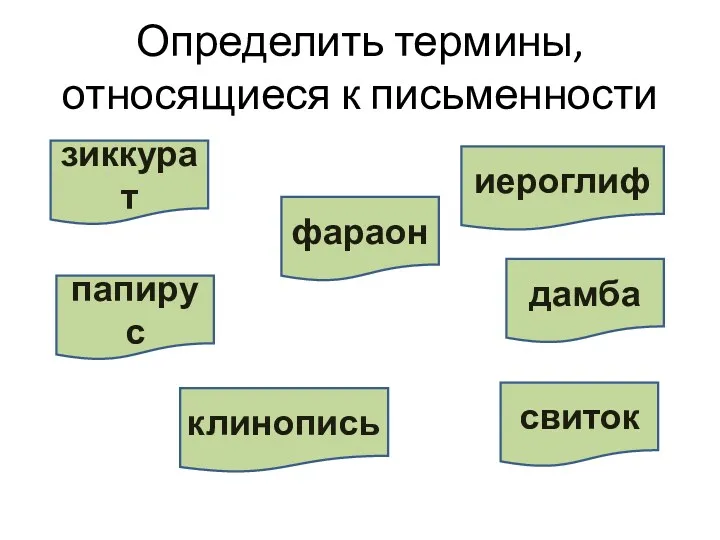 Определить термины, относящиеся к письменности зиккурат папирус клинопись фараон свиток дамба иероглиф