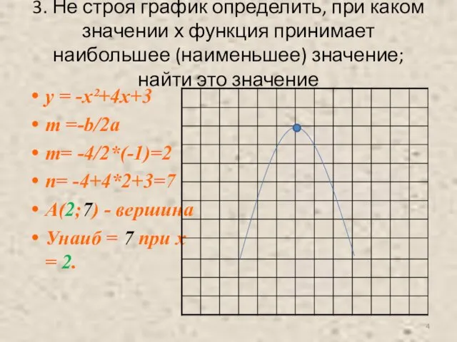 3. Не строя график определить, при каком значении х функция