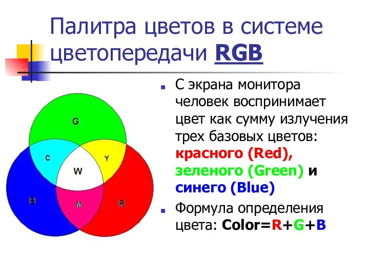 Палитра цветов в системе цветопередачи RGB С экрана монитора человек воспринимает цвет как