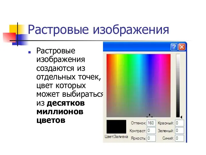 Растровые изображения Растровые изображения создаются из отдельных точек, цвет которых может выбираться из десятков миллионов цветов