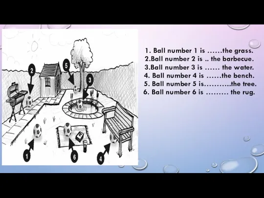 1. Ball number 1 is ……the grass. 2.Ball number 2