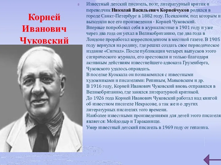 Корней Иванович Чуковский Известный детский писатель, поэт, литературный критик и
