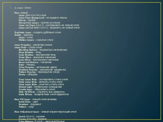 4. Layer- Слои New новый Layer (Shft+Ctrl+N) слой Layer From