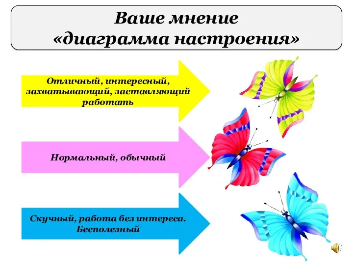 Ваше мнение «диаграмма настроения» Отличный, интересный, захватывающий, заставляющий работать Нормальный, обычный Скучный, работа без интереса. Бесполезный