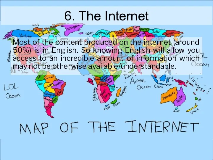 6. The Internet Most of the content produced on the internet (around 50%)
