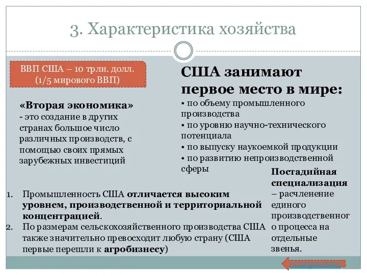 3. Характеристика хозяйства ВВП США – 10 трлн. долл. (1/5