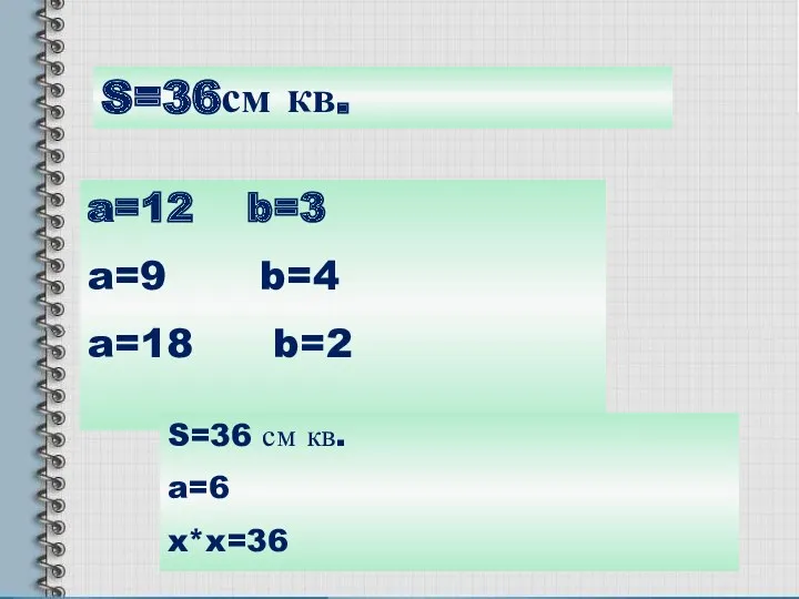 S=36см кв. a=12 b=3 a=9 b=4 a=18 b=2 S=36 см кв. a=6 x*x=36