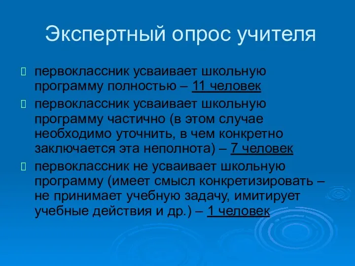 Экспертный опрос учителя первоклассник усваивает школьную программу полностью – 11