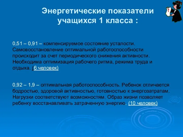 Энергетические показатели учащихся 1 класса : 0,51 – 0,91 –