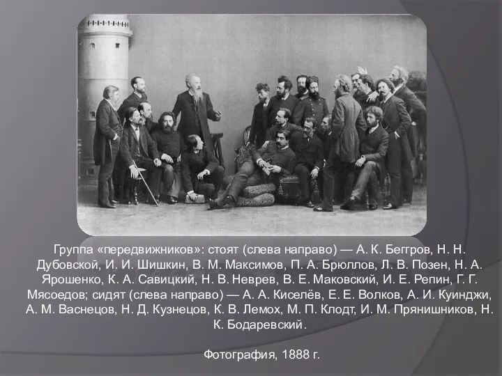 Группа «передвижников»: стоят (слева направо) — А. К. Беггров, Н. Н. Дубовской, И.