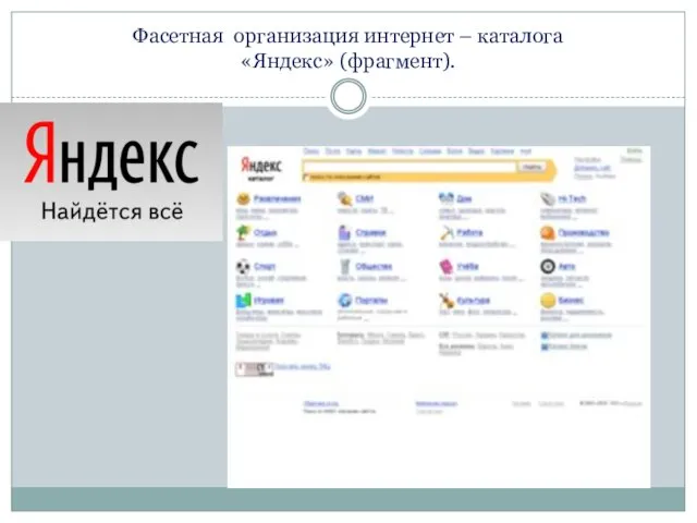 Фасетная организация интернет – каталога «Яндекс» (фрагмент).