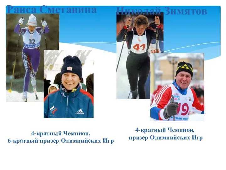 Раиса Сметанина 4-кратный Чемпион, 6-кратный призер Олимпийских Игр 4-кратный Чемпион, призер Олимпийских Игр Николай Зимятов