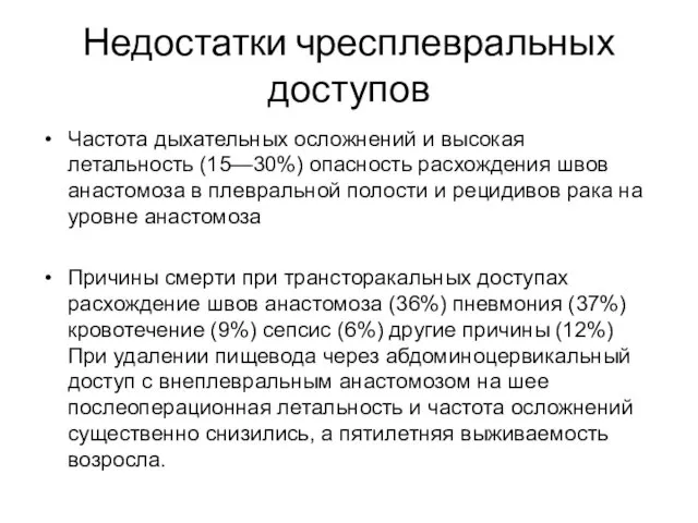 Недостатки чресплевральных доступов Частота дыхательных осложнений и высокая летальность (15—30%)