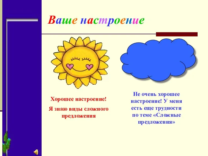 Ваше настроение Хорошее настроение! Я знаю виды сложного предложения Не очень хорошее настроение!