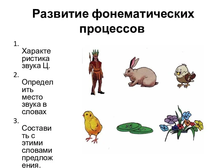 Развитие фонематических процессов 1.Характеристика звука Ц. 2.Определить место звука в словах 3.Составить с этими словами предложения.