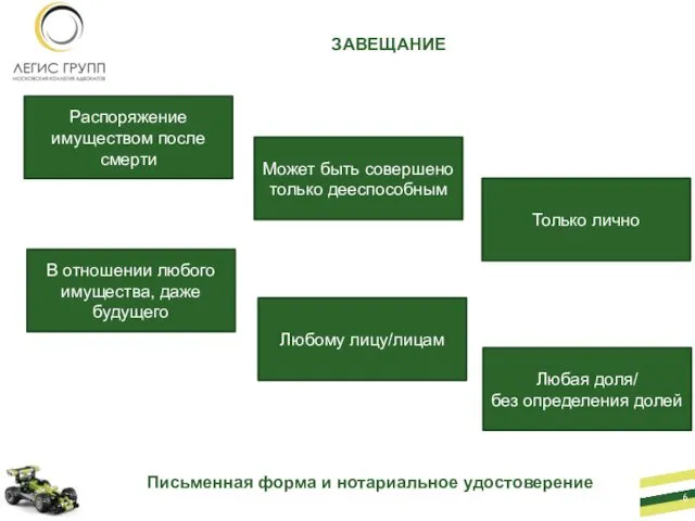 ЗАВЕЩАНИЕ Распоряжение имуществом после смерти Может быть совершено только дееспособным