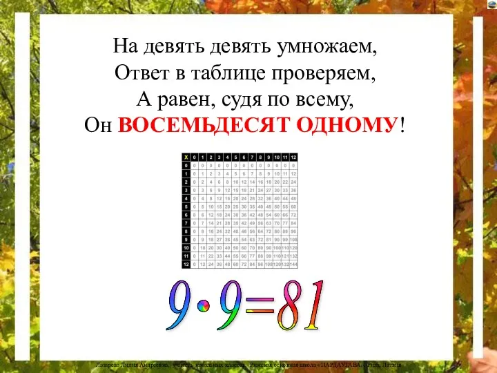 На девять девять умножаем, Ответ в таблице проверяем, А равен, судя по всему,