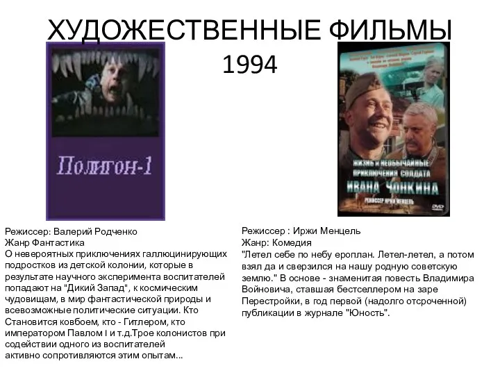 ХУДОЖЕСТВЕННЫЕ ФИЛЬМЫ 1994 Режиссер: Валерий Родченко Жанр Фантастика О невероятных