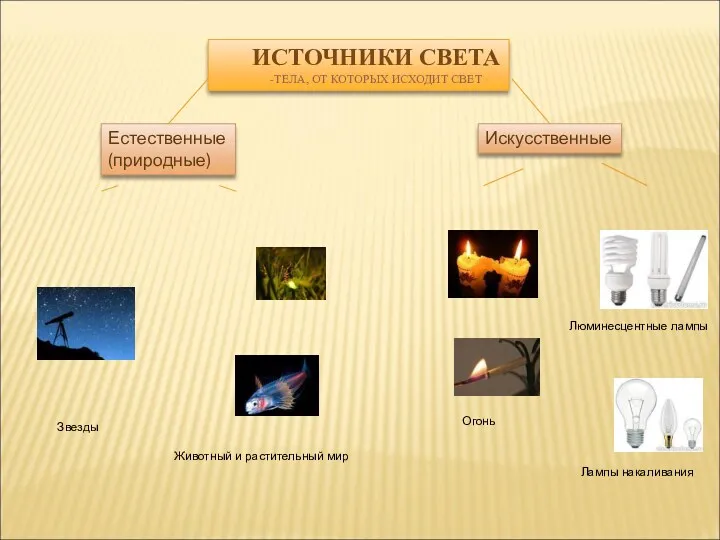 ИСТОЧНИКИ СВЕТА -ТЕЛА, ОТ КОТОРЫХ ИСХОДИТ СВЕТ Естественные (природные) Искусственные