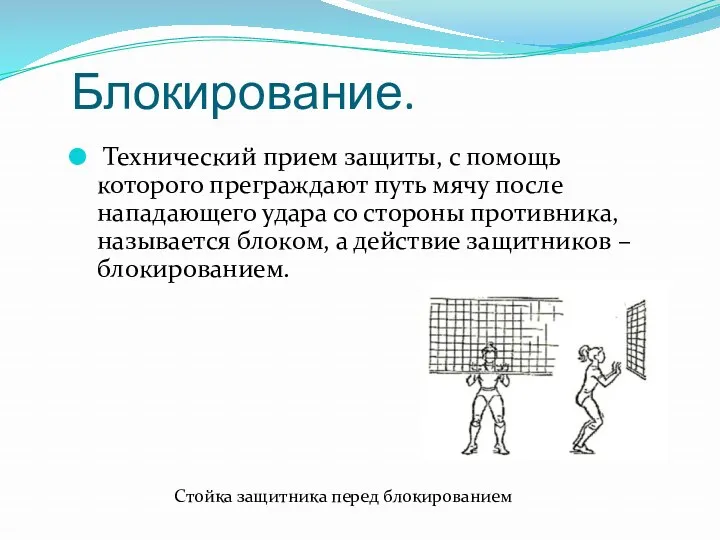 Блокирование. Технический прием защиты, с помощь которого преграждают путь мячу