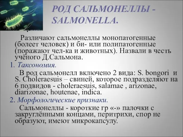 РОД САЛЬМОНЕЛЛЫ - SALMONELLA. Различают сальмонеллы монопатогенные (болеет человек) и би- или полипатогенные