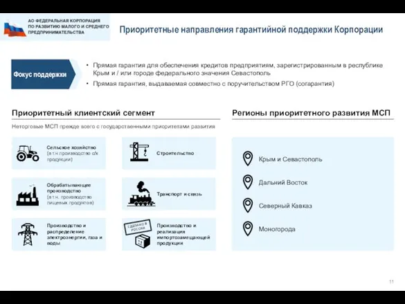 Приоритетные направления гарантийной поддержки Корпорации Прямая гарантия для обеспечения кредитов предприятиям, зарегистрированным в