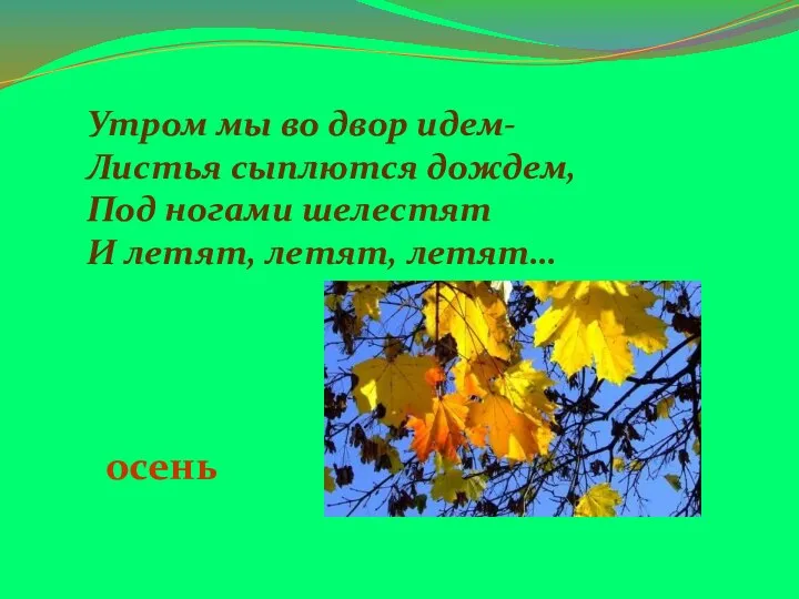 Утром мы во двор идем- Листья сыплются дождем, Под ногами шелестят И летят, летят, летят… осень