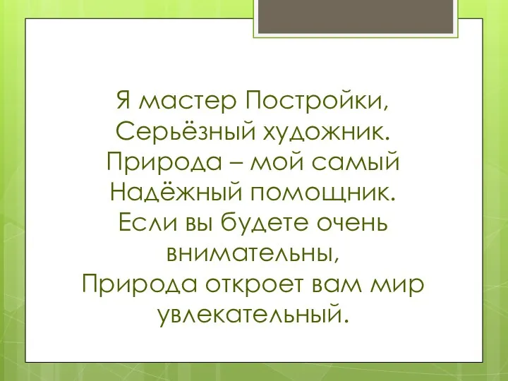 Я мастер Постройки, Серьёзный художник. Природа – мой самый Надёжный помощник. Если вы