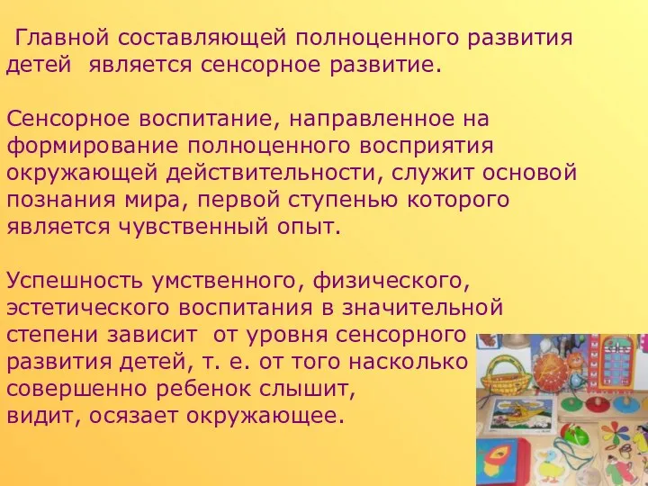 Главной составляющей полноценного развития детей является сенсорное развитие. Сенсорное воспитание,