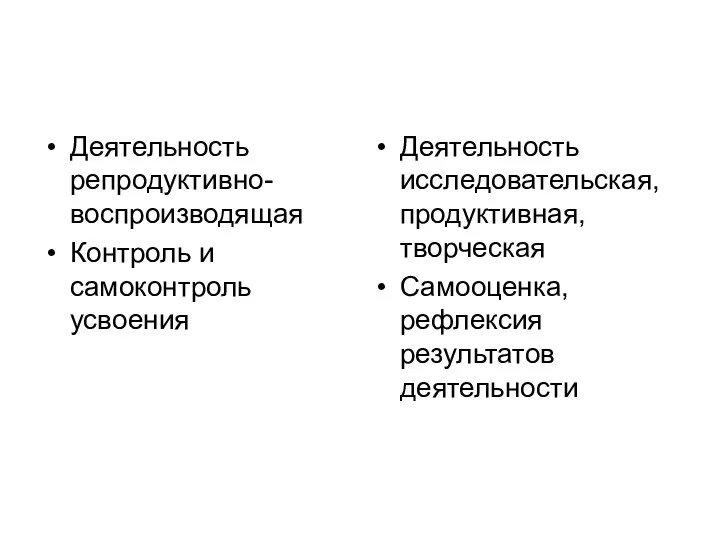 Деятельность репродуктивно-воспроизводящая Контроль и самоконтроль усвоения Деятельность исследовательская, продуктивная, творческая Самооценка, рефлексия результатов деятельности