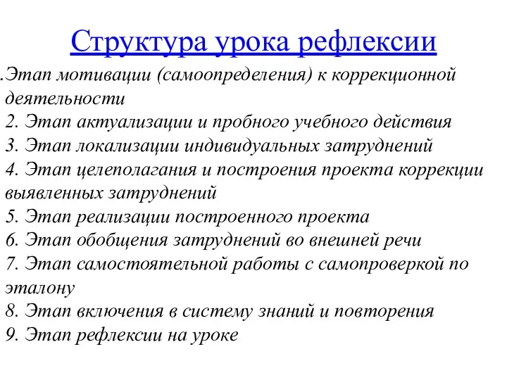 Структура урока рефлексии Этап мотивации (самоопределения) к коррекционной деятельности 2.