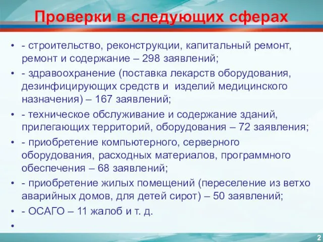 Проверки в следующих сферах - строительство, реконструкции, капитальный ремонт, ремонт