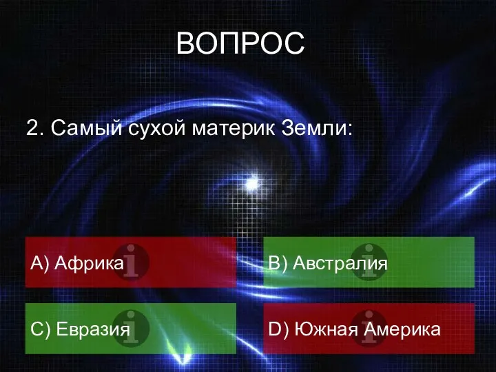 ВОПРОС 2. Самый сухой материк Земли: А) Африка B) Австралия C) Евразия D) Южная Америка