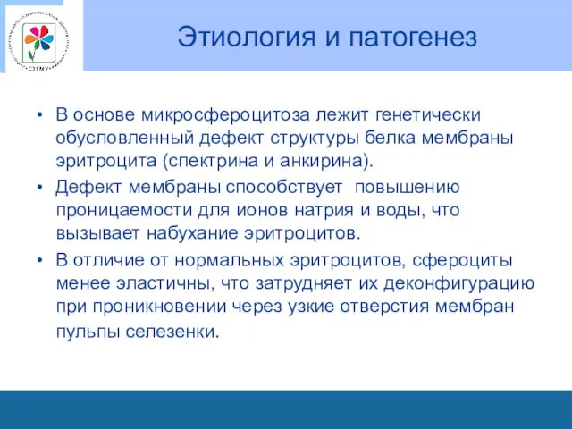 Этиология и патогенез В основе микросфероцитоза лежит генетически обусловленный дефект