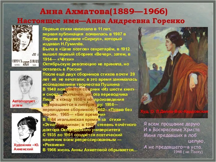 Анна Ахматова(1889—1966) Настоящее имя—Анна Андреевна Горенко Первые стихи написала в
