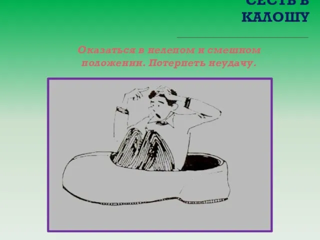 СЕСТЬ В КАЛОШУ Оказаться в нелепом и смешном положении. Потерпеть неудачу.