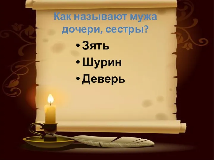 Как называют мужа дочери, сестры? Зять Шурин Деверь