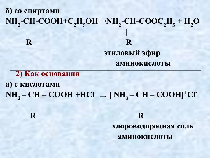 б) со спиртами NH2-CH-COOH+С2Н5ОН NH2-CH-COOС2Н5 + H2O | | R