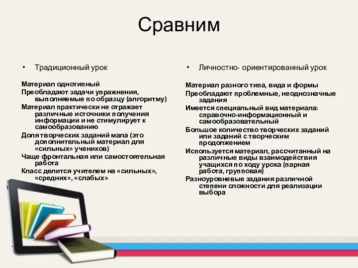 Сравним Традиционный урок Материал однотипный Преобладают задачи упражнения, выполняемые по