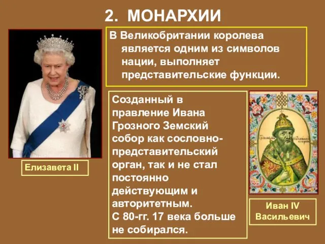 2. МОНАРХИИ В Великобритании королева является одним из символов нации, выполняет представительские функции.