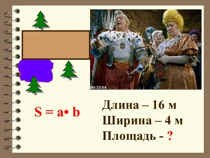 Длина – 16 м Ширина – 4 м Площадь - ? S = a• b