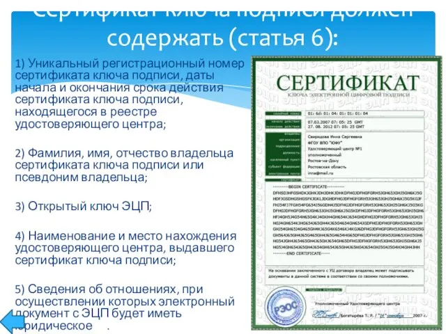 1) Уникальный регистрационный номер сертификата ключа подписи, даты начала и