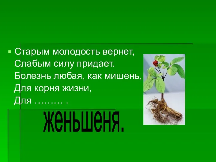 Старым молодость вернет, Слабым силу придает. Болезнь любая, как мишень,