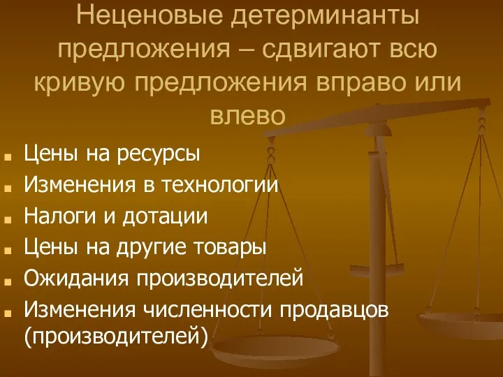 Неценовые детерминанты предложения – сдвигают всю кривую предложения вправо или