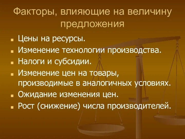 Факторы, влияющие на величину предложения Цены на ресурсы. Изменение технологии