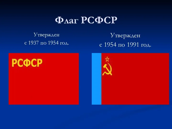 Флаг РСФСР Утвержден с 1937 по 1954 год. Утвержден с 1954 по 1991 год.